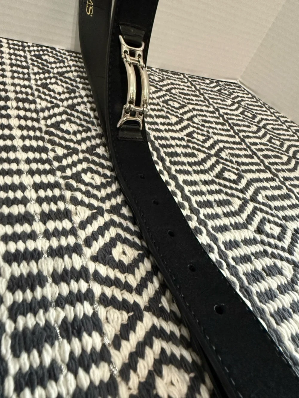 STACY ADAMS Black Grain Leather Belt with Silver Buckle Chain Accent